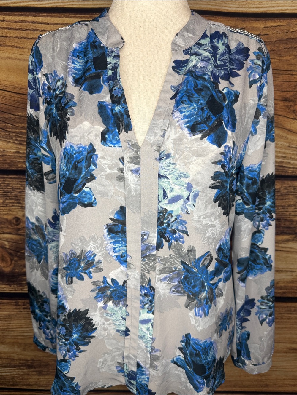NY Collection Gray Blouse with Blue Floral Design